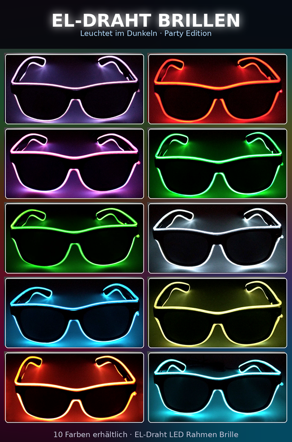 LED-Leuchtbrille – Neon Partybrille mit EL-Wire | Leuchtende Glow-Brille für Festivals, Halloween, Cosplay & Partys