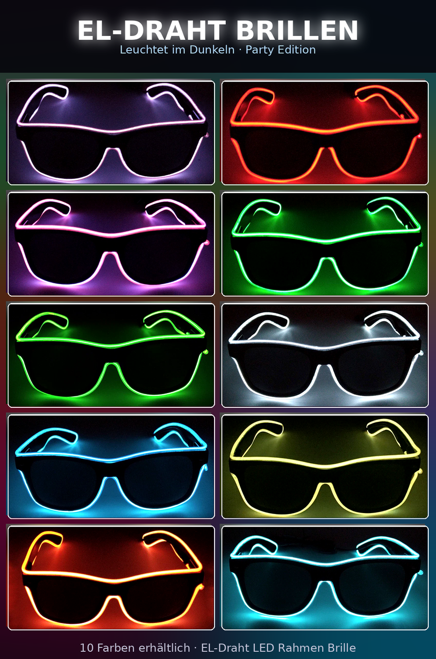 LED-Leuchtbrille – Neon Partybrille mit EL-Wire | Leuchtende Glow-Brille für Festivals, Halloween, Cosplay & Partys
