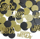 Goldglitzerndes „Happy Birthday“-Konfetti für den Tisch – rundes Papierkonfetti in Schwarz und Gold für Geburtstags- und Jubiläumsfeiern